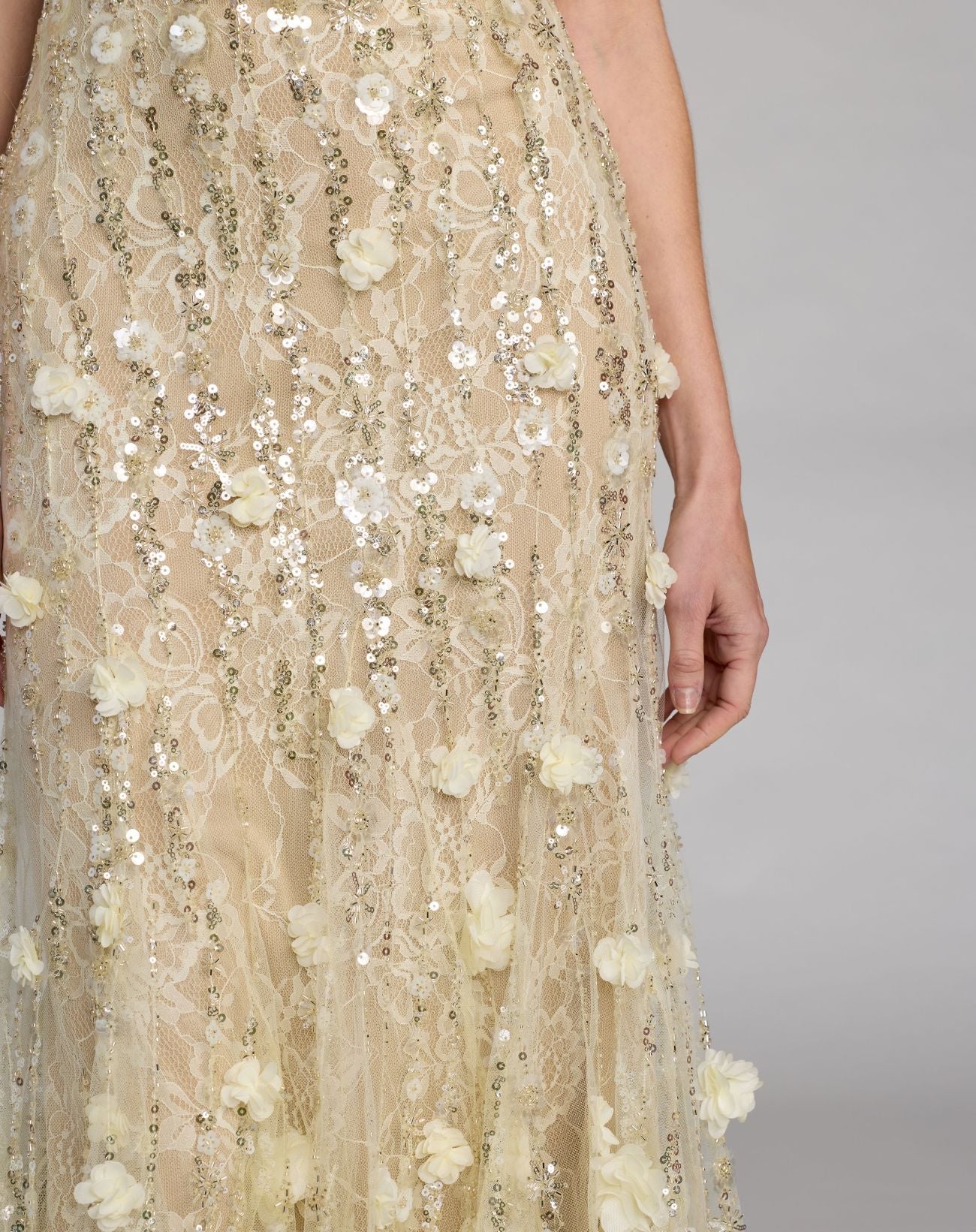 Beige Embellished Lace Halter Neck Mermaid Gown