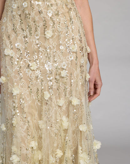 Beige Embellished Lace Halter Neck Mermaid Gown