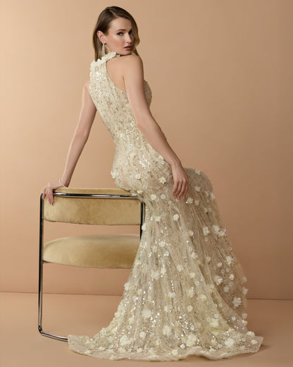 Beige Embellished Lace Halter Neck Mermaid Gown