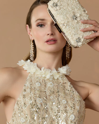 Beige Embellished Lace Halter Neck Mermaid Gown