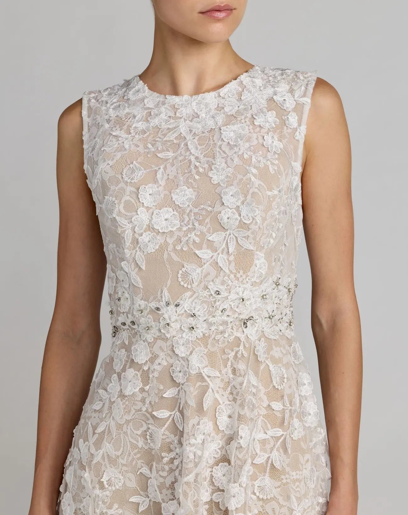 Ivory Floral Embroidered High Neck Midi Dress