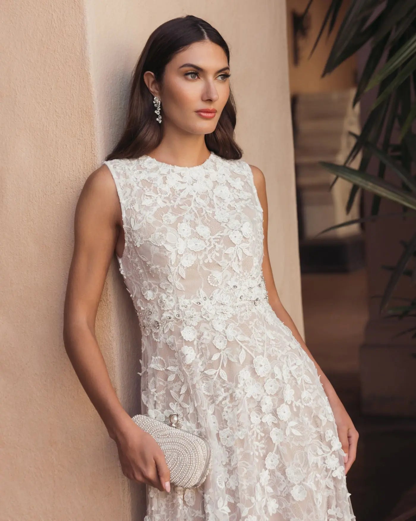 Ivory Floral Embroidered High Neck Midi Dress