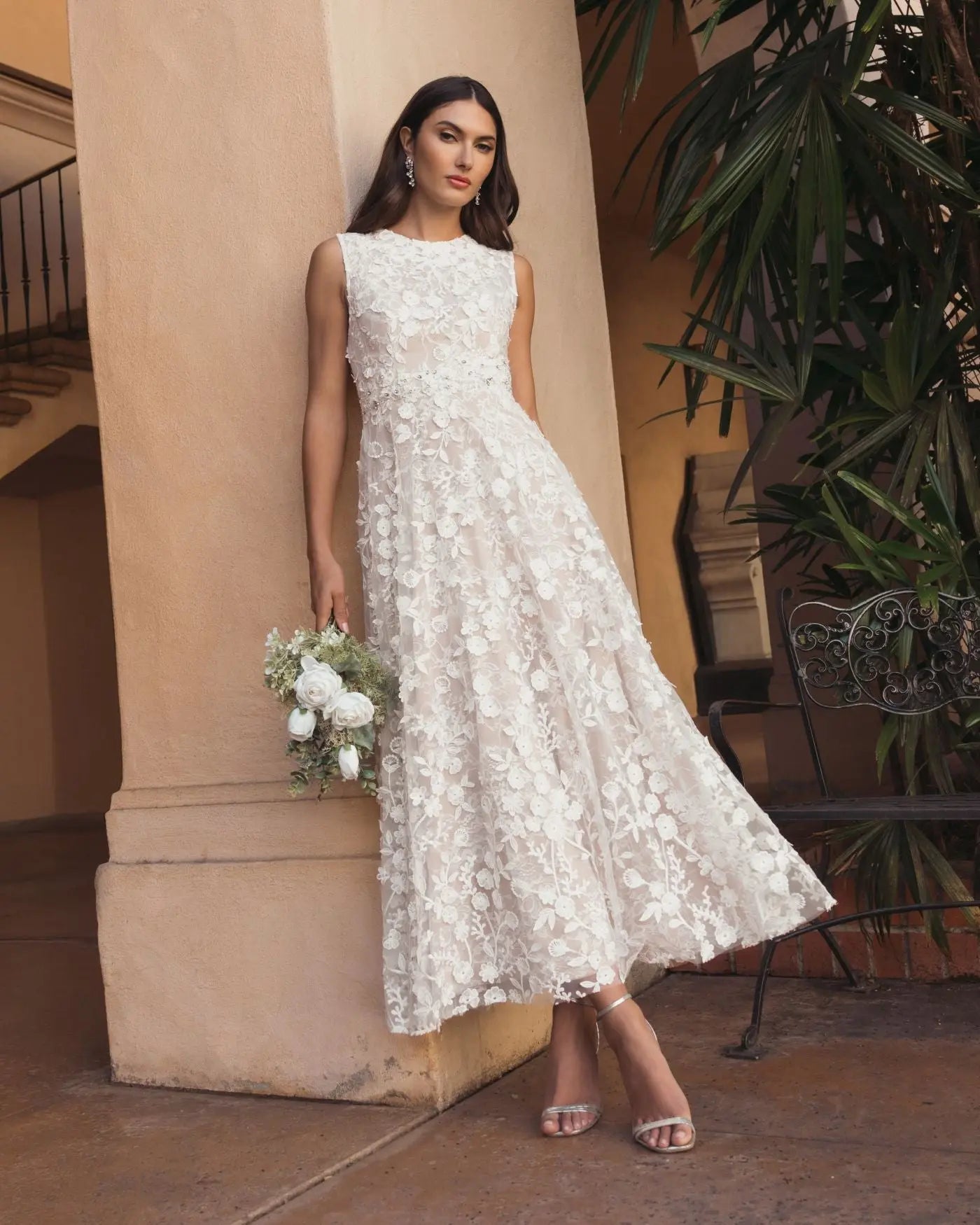 Ivory Floral Embroidered High Neck Midi Dress