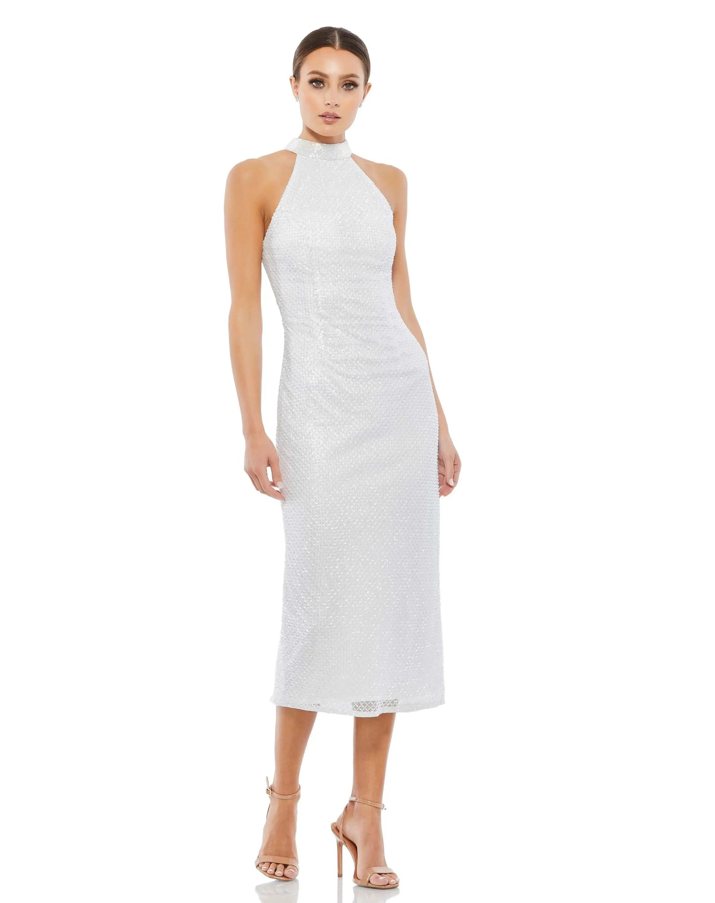 Hand Embellished Halter Neck Midi Sheath Dress