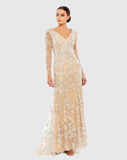 Beige Embroidered V Neck Long Sleeve Trumpet Gown - FINAL SALE