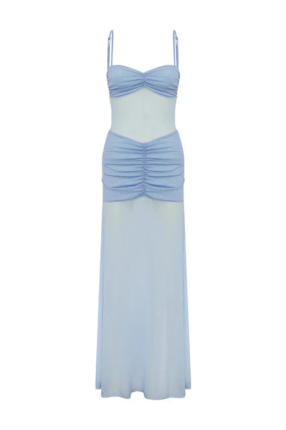 CASSIE GLITTER MESH MAXI DRESS - BLUEBELL