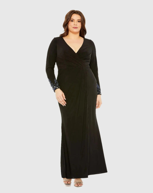 Black Long Crystal Detail Sleeve V Neck Gown