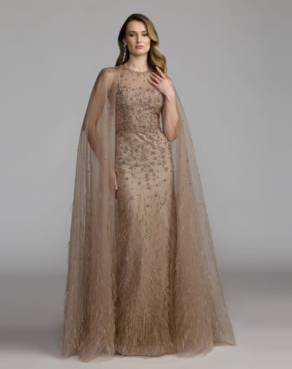 Beige Crystal Embellished Cape Gown with Feathers