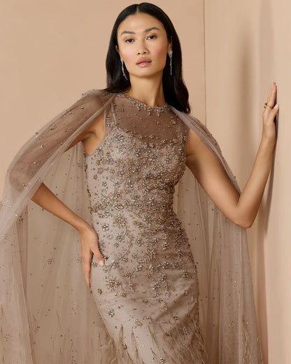 Beige Crystal Embellished Cape Gown with Feathers