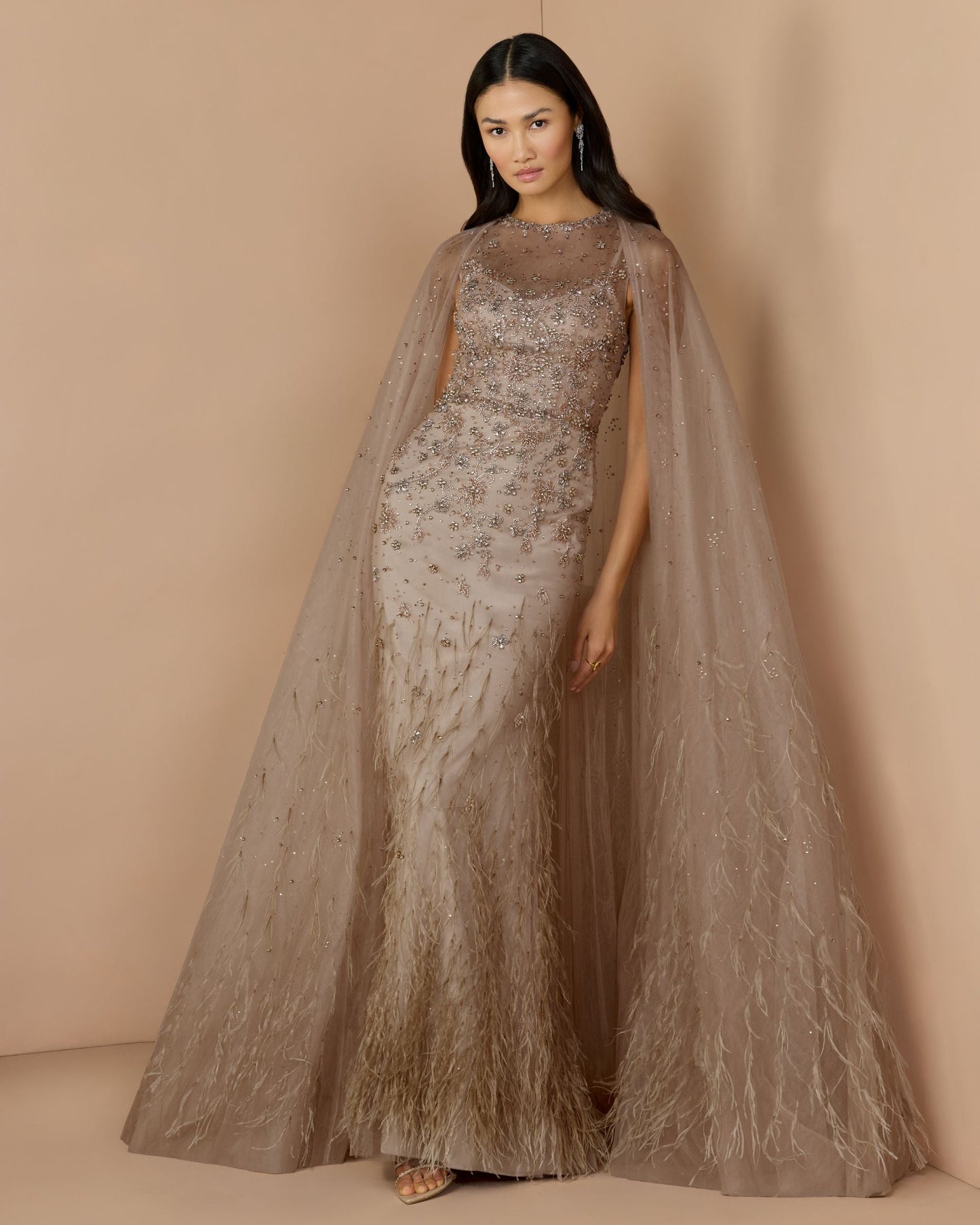 Beige Crystal Embellished Cape Gown with Feathers