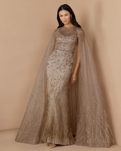 Beige Crystal Embellished Cape Gown with Feathers