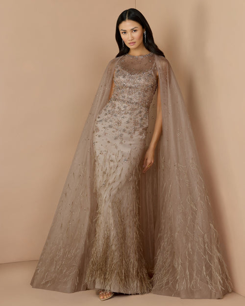 Beige Crystal Embellished Cape Gown with Feathers