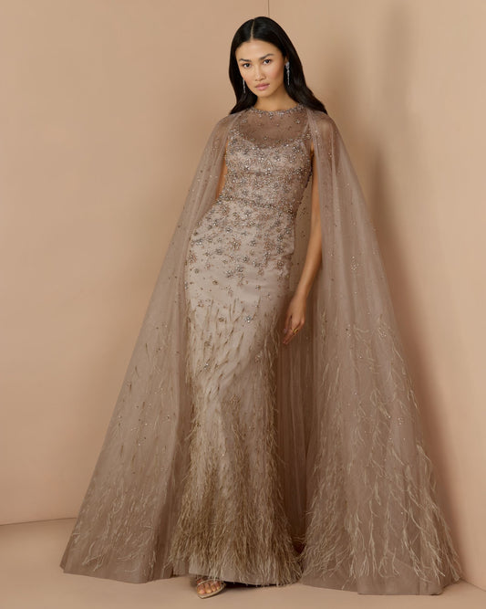Beige Crystal Embellished Cape Gown with Feathers