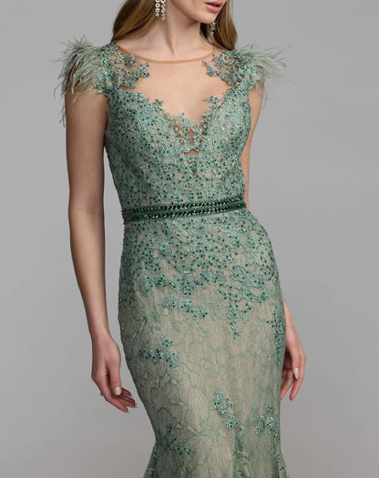 Green Embellished Lace High Neck Gown With Feather Sleeves