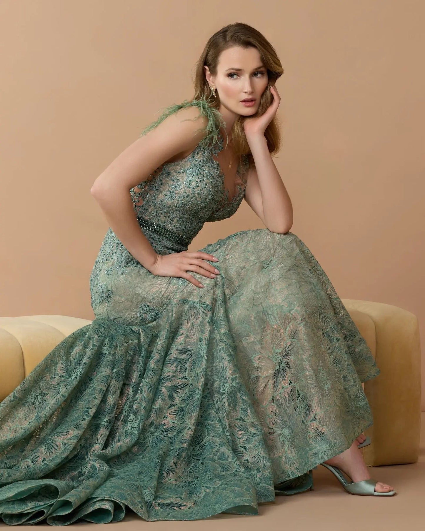 Green Embellished Lace High Neck Gown With Feather Sleeves