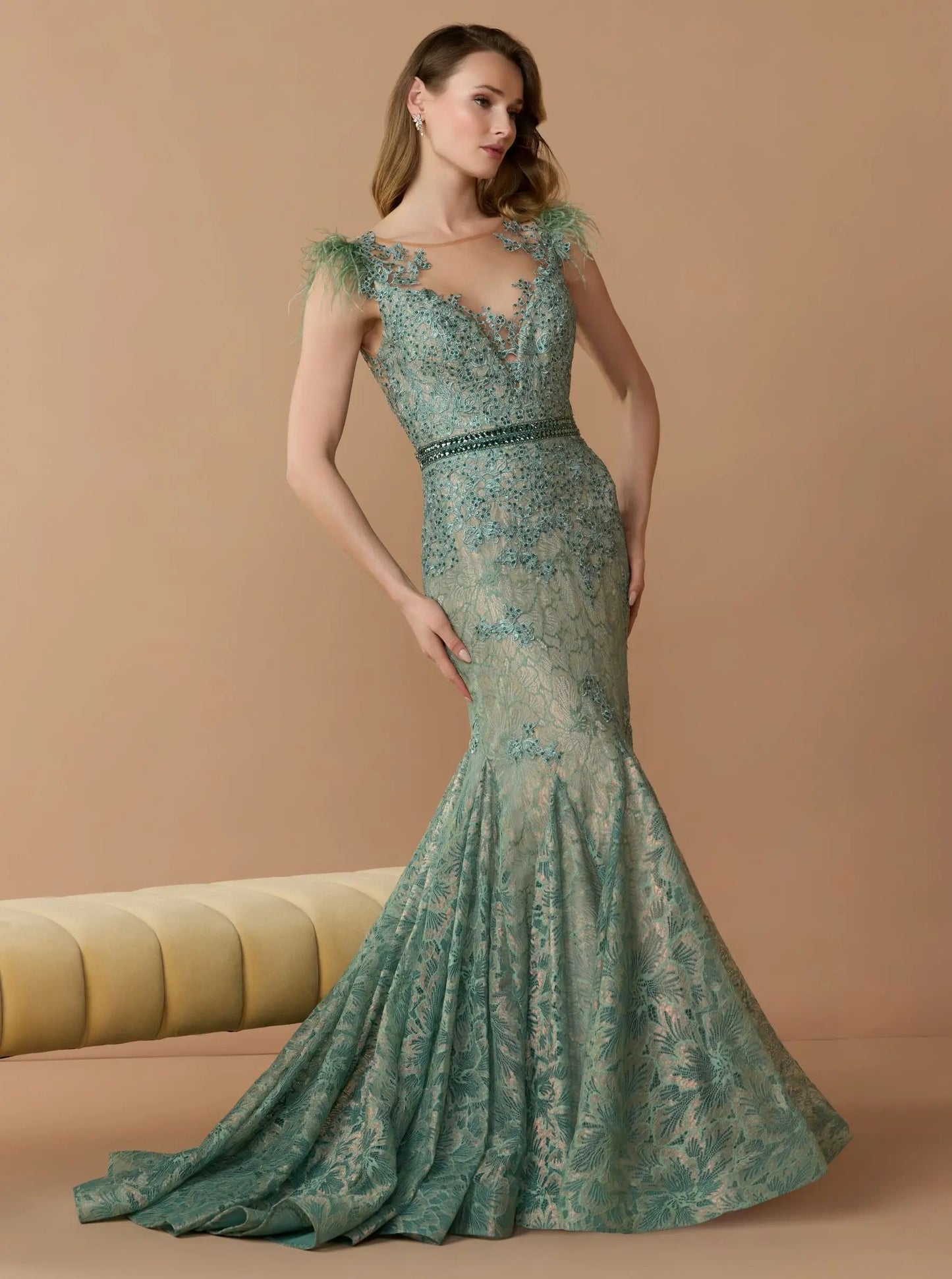 Green Embellished Lace High Neck Gown With Feather Sleeves