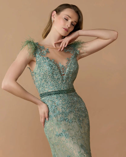 Green Embellished Lace High Neck Gown With Feather Sleeves