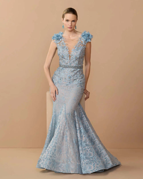 Blue Embellished Lace Illusion Neck Gown With 3D Flowers
