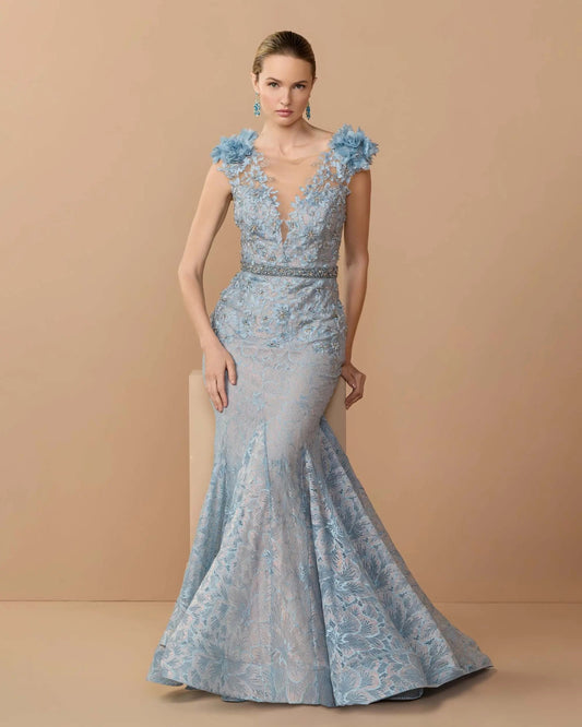 Blue Embellished Lace Illusion Neck Gown With 3D Flowers
