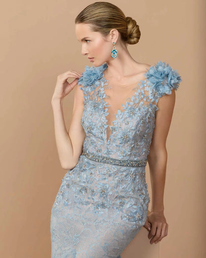 Blue Embellished Lace Illusion Neck Gown With 3D Flowers