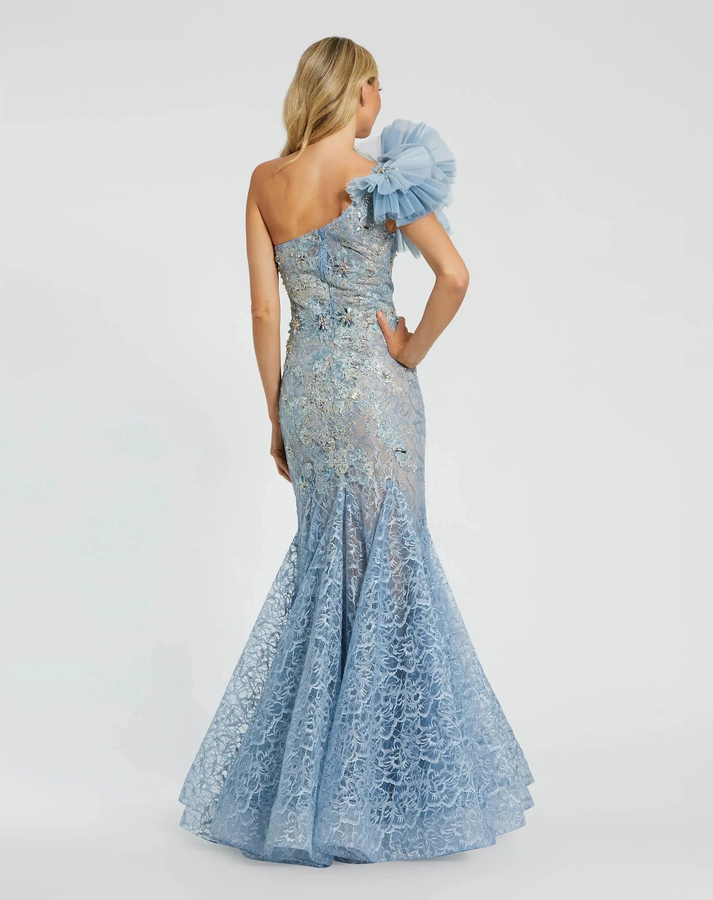 Blue Sleeveless One Shoulder Embroidered Mermaid Gown