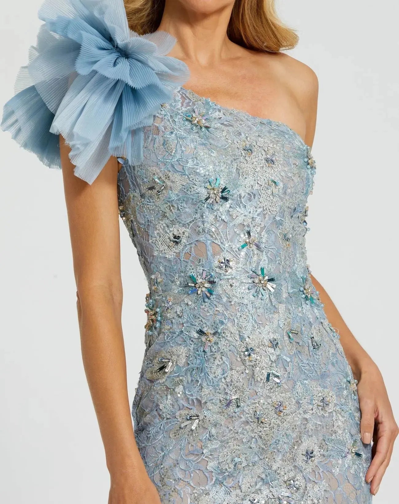 Blue Sleeveless One Shoulder Embroidered Mermaid Gown