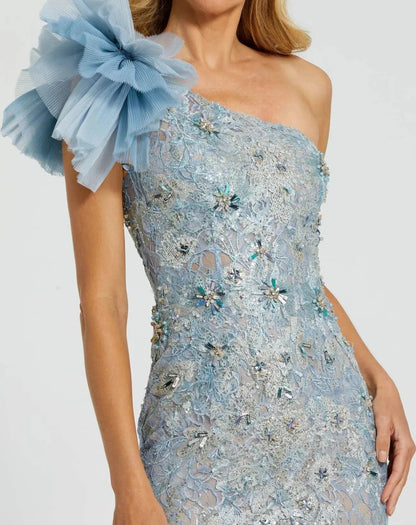 Blue Sleeveless One Shoulder Embroidered Mermaid Gown