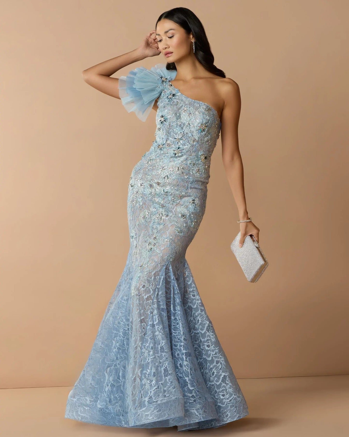 Blue Sleeveless One Shoulder Embroidered Mermaid Gown