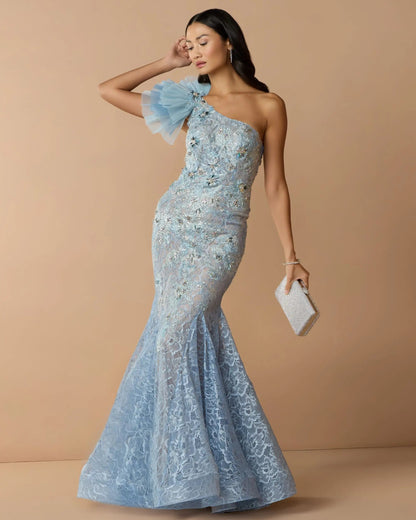 Blue Sleeveless One Shoulder Embroidered Mermaid Gown