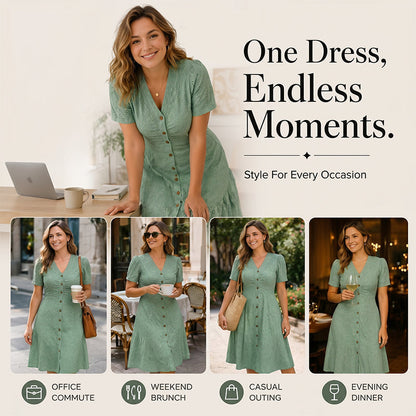 🌞💃Women's Button-Up V-Neck Short Sleeve Midi Dress