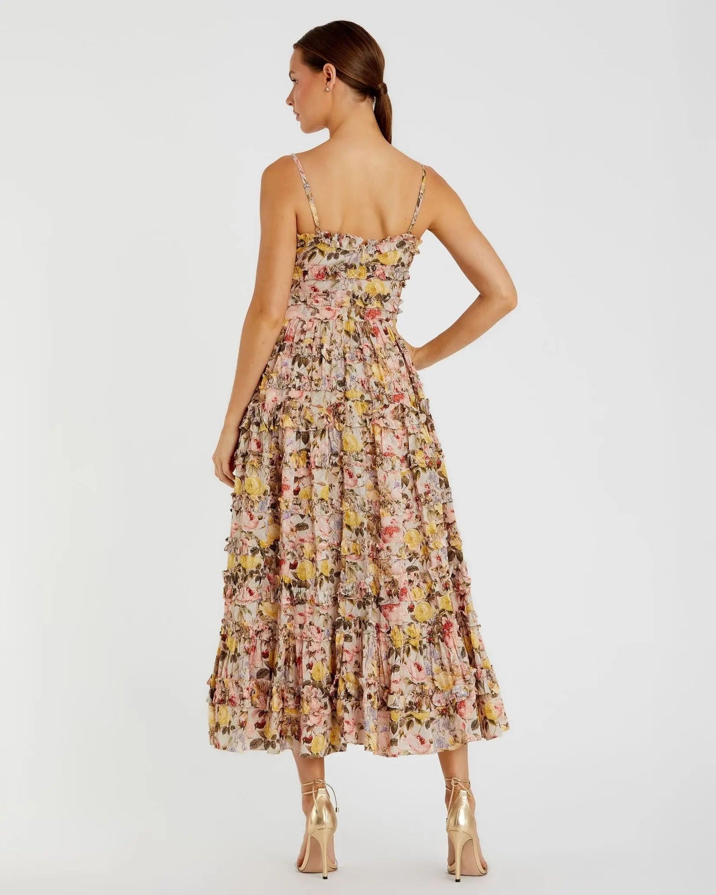 Beige Floral Printed Micro Ruffle Cotton Midi Dress