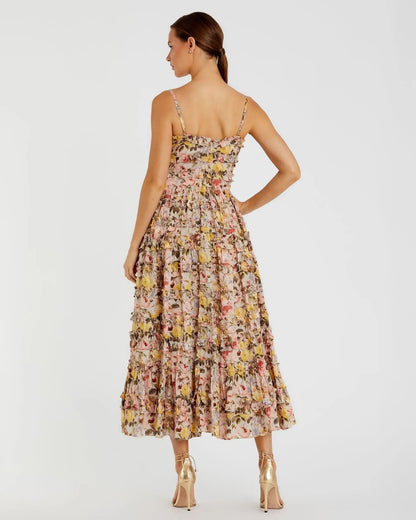 Beige Floral Printed Micro Ruffle Cotton Midi Dress