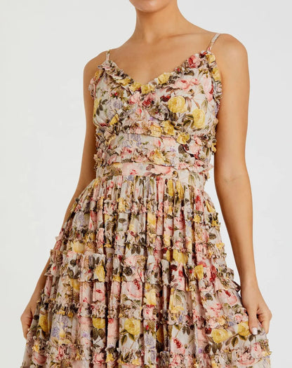 Beige Floral Printed Micro Ruffle Cotton Midi Dress