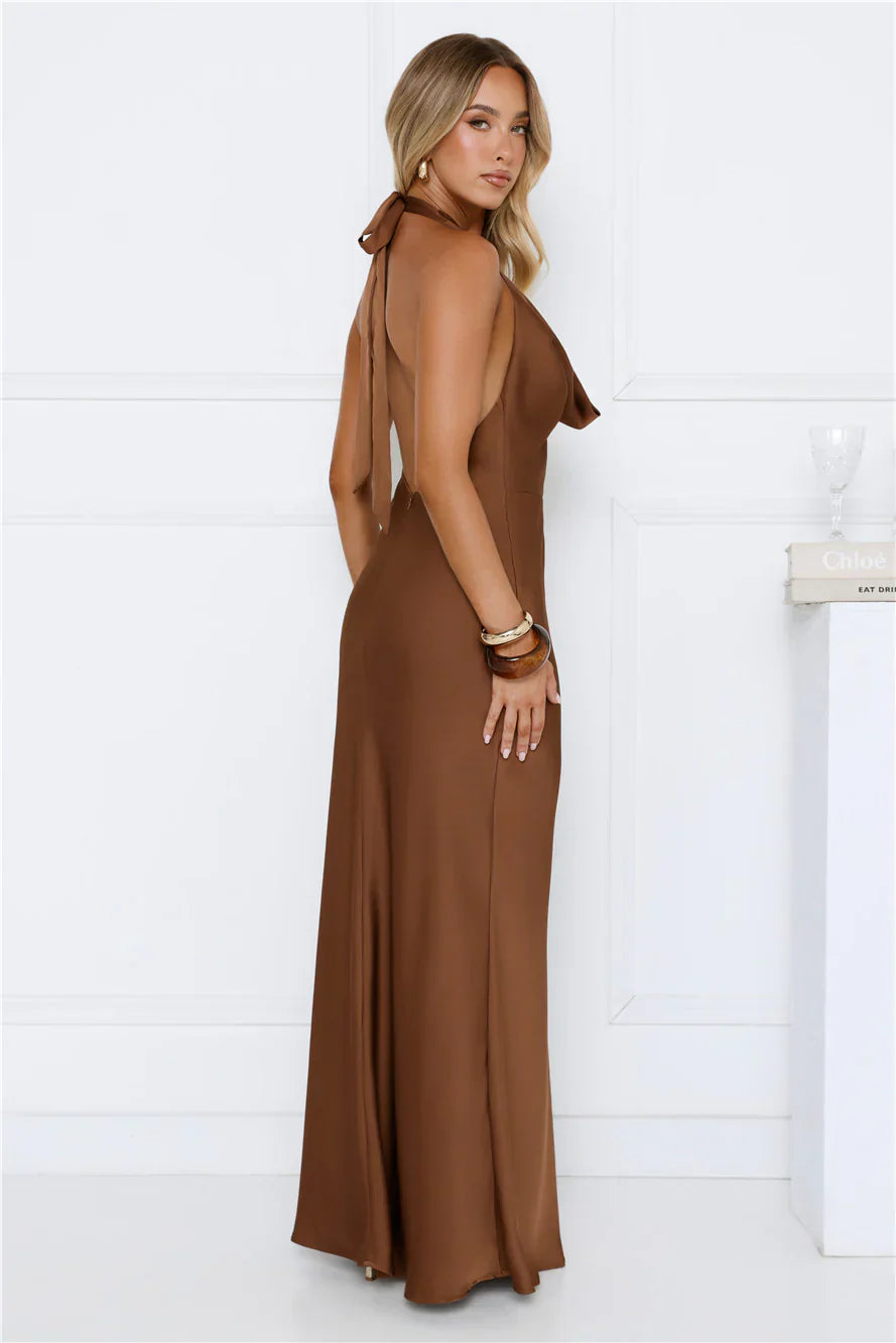 Cherry Whirl Satin Halter Maxi Dress Brown