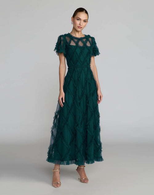 Blue Short Sleeve High Neck Ruffle Dress