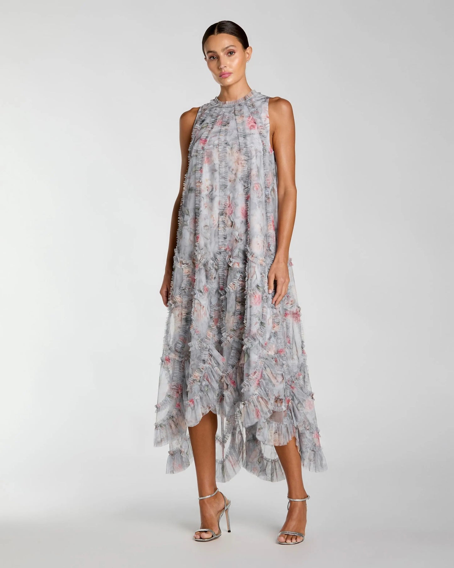 Gray Floral Ruffle High Neck Midi Dress