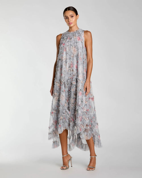 Gray Floral Ruffle High Neck Midi Dress