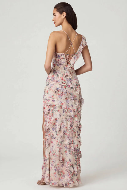 Asymmetric Ruffled Lace-Up Gown in Primrose Floral Print