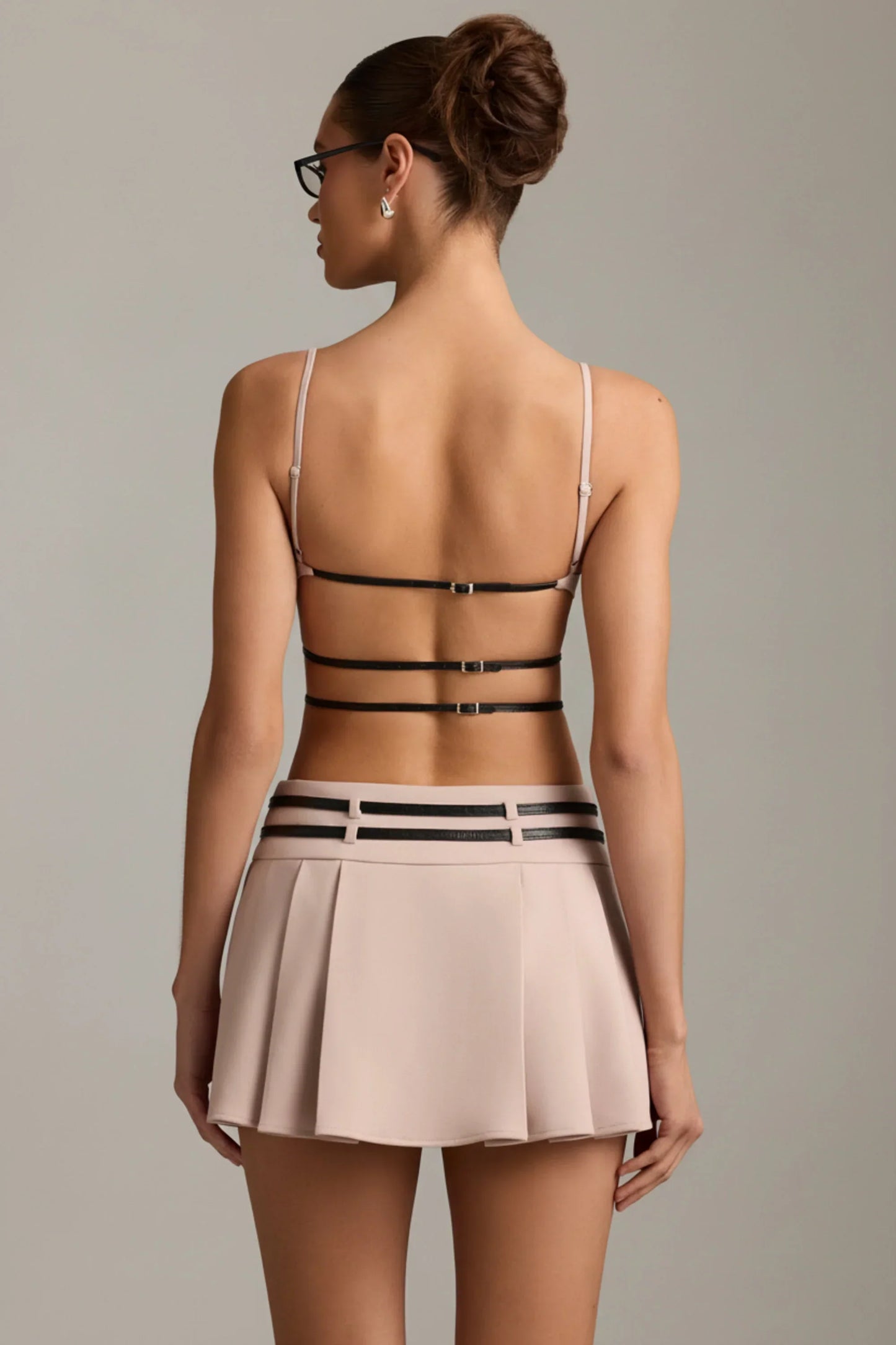 Belted Backless Pleated Mini Dress in Mushroom