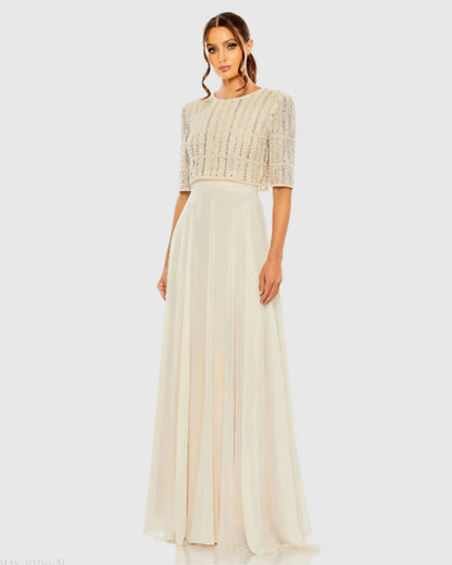 Beige Chiffon Gown w/ Fully Beaded 3/4 Sleeve Top