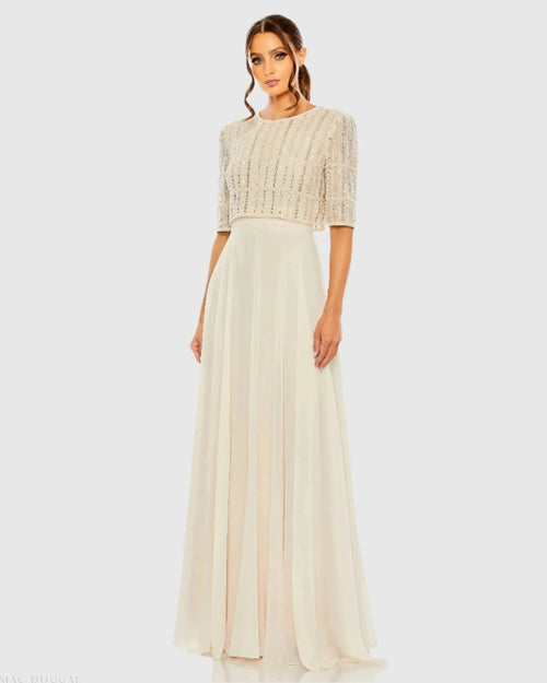 Beige Chiffon Gown w/ Fully Beaded 3/4 Sleeve Top