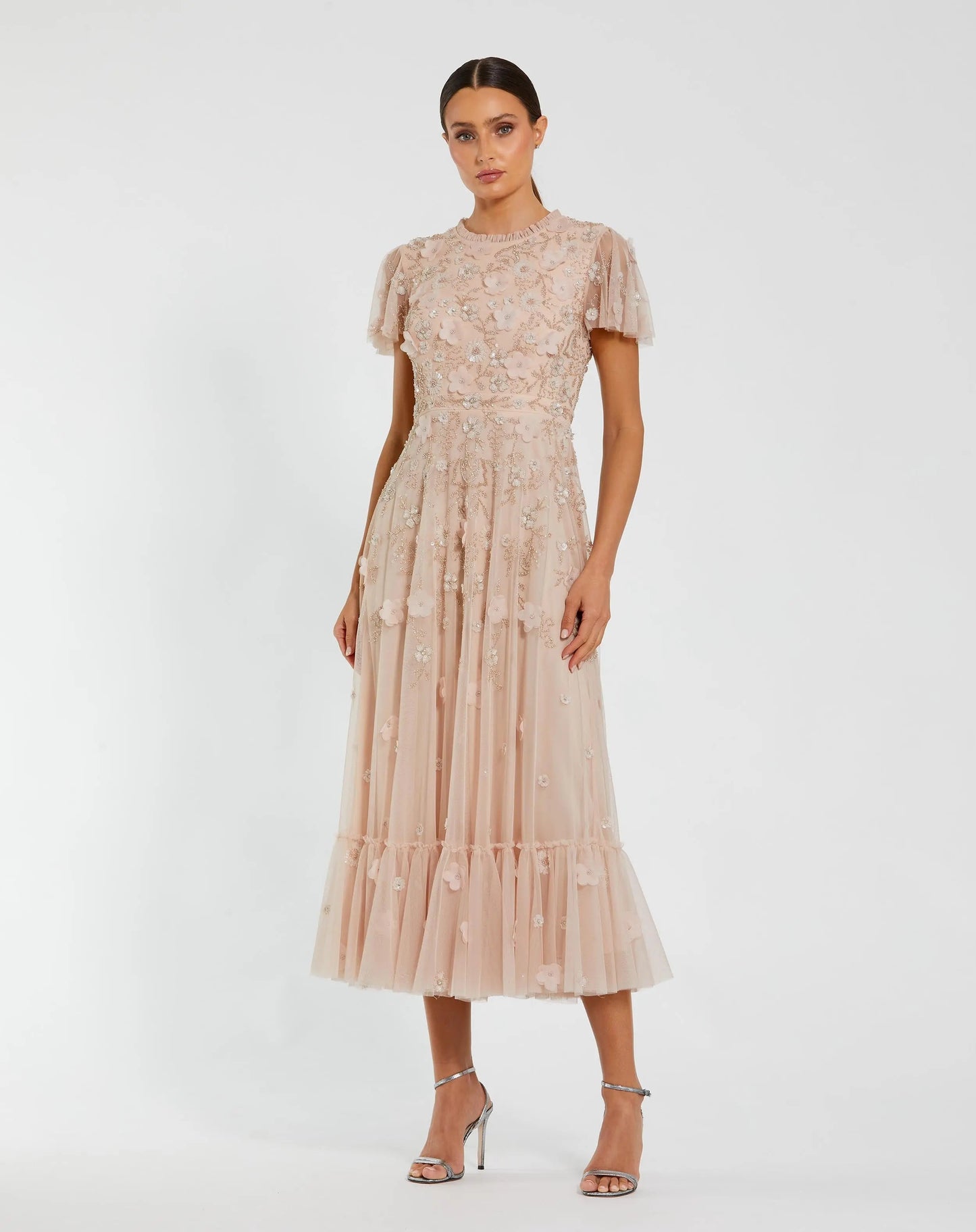 Light Pink Embellished High Neck Flutter Sleeve A Line Dress