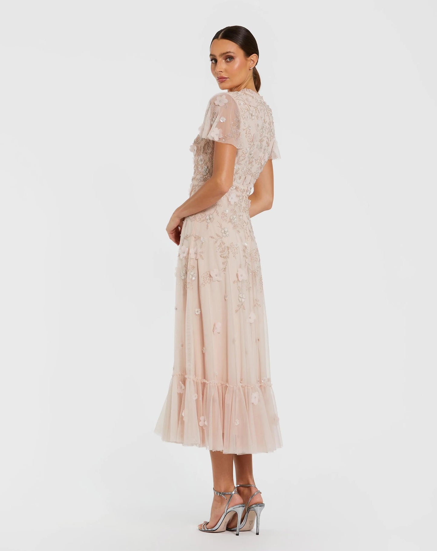 Light Pink Embellished High Neck Flutter Sleeve A Line Dress
