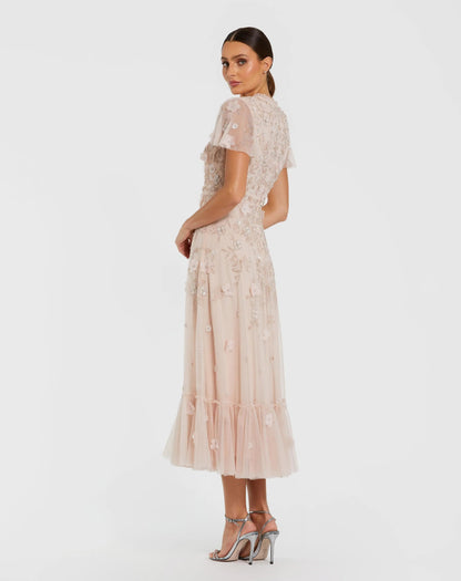Light Pink Embellished High Neck Flutter Sleeve A Line Dress