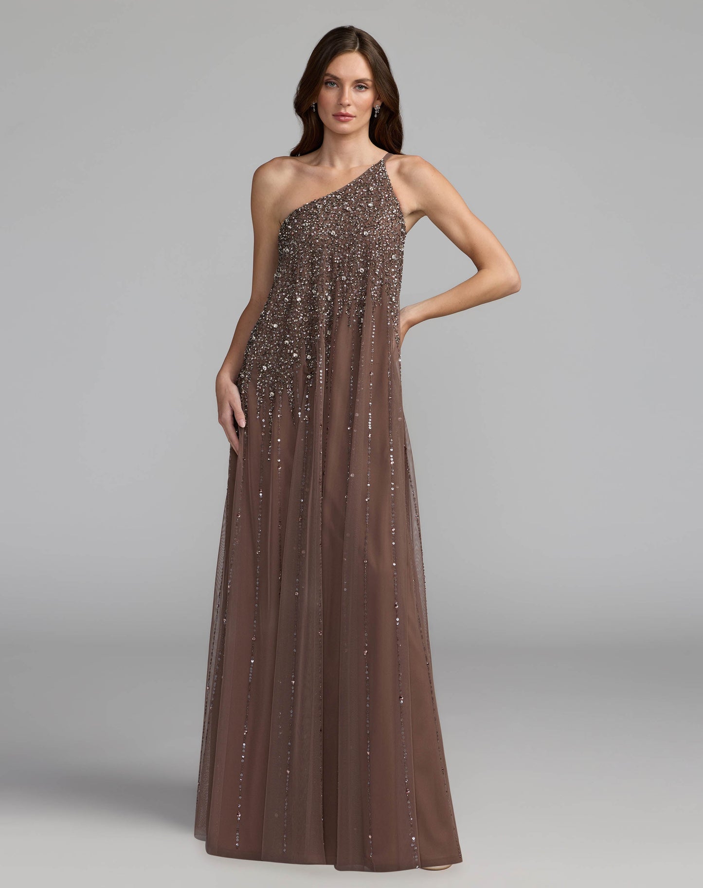 Brown One Shoulder Embellished Trapeze Gown