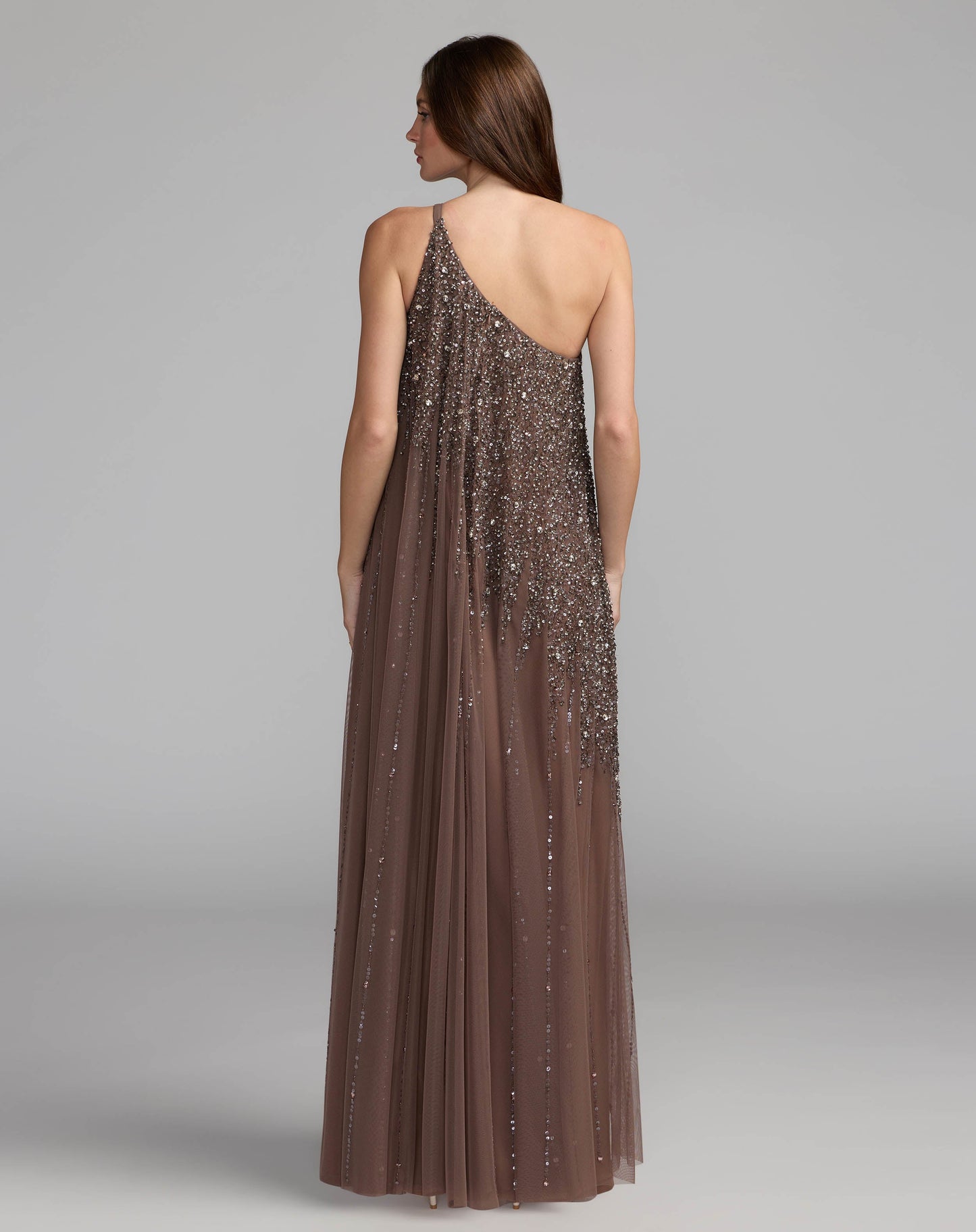 Brown One Shoulder Embellished Trapeze Gown