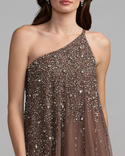 Brown One Shoulder Embellished Trapeze Gown
