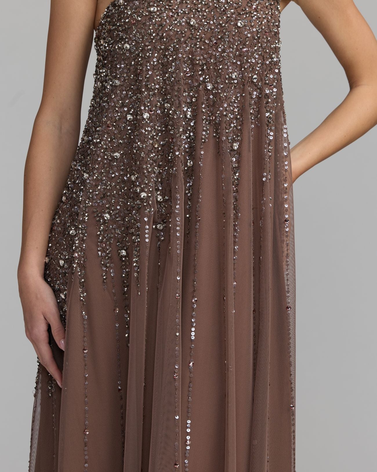 Brown One Shoulder Embellished Trapeze Gown