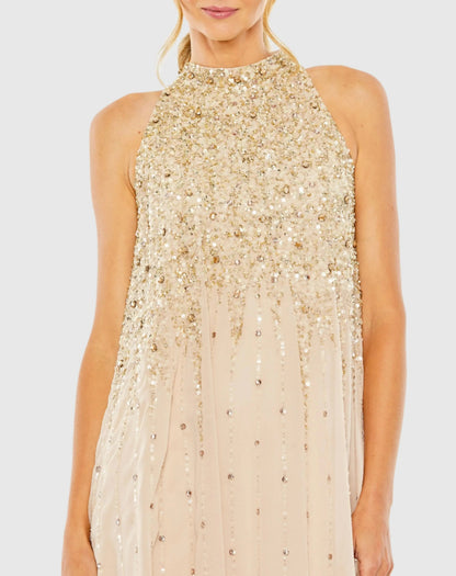Beige High Neck Sleeveless Sequin Embellished Trapeze Dress