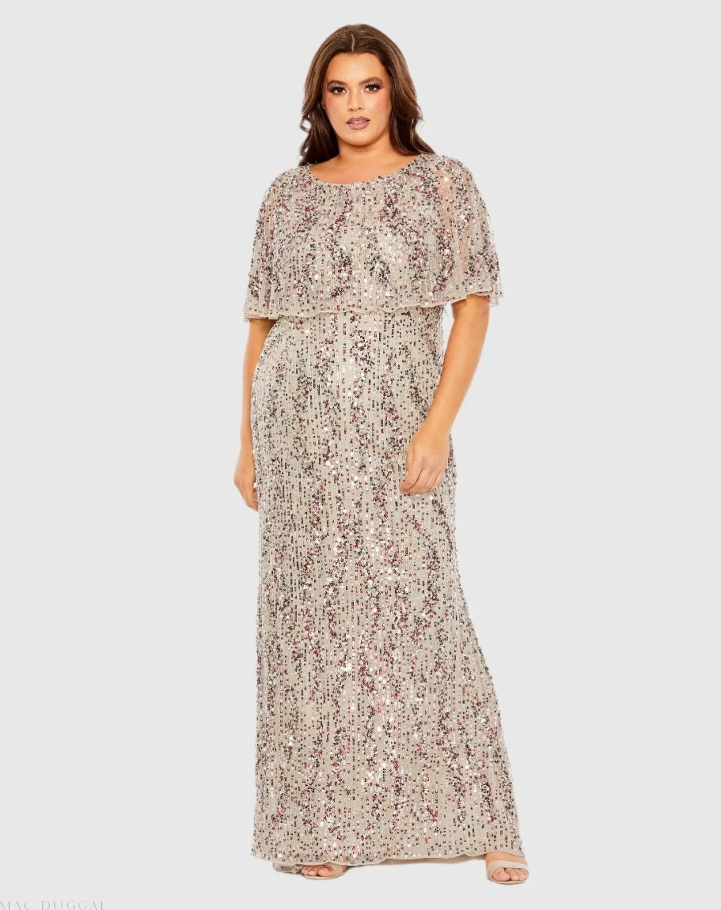 Beige High Neck Column Gown with Cape (Plus) - FINAL SALE